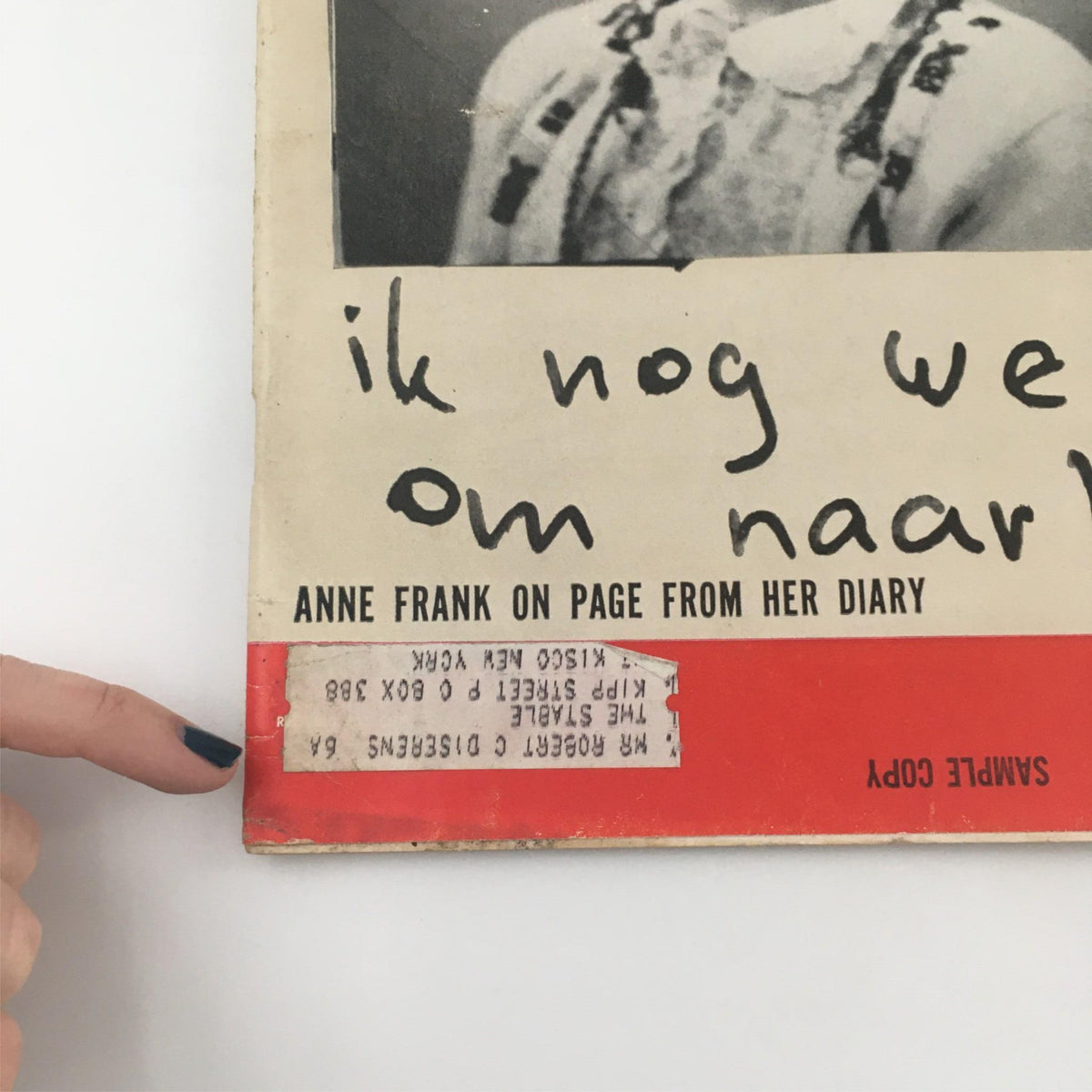 Close-up of the back cover of VTG Life Magazine August 18, 1958 showing a label and additional text related to Anne Frank's page from her diary.