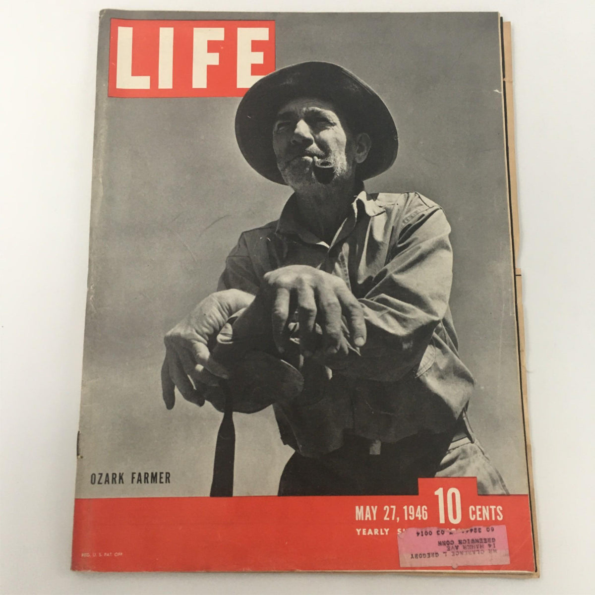 Vintage Life Magazine cover from May 27, 1946 featuring Tom Moss, an Ozark farmer. The cover displays the iconic red and white 'LIFE' logo along with a photograph of the farmer smoking a pipe. This collectible magazine captures a moment in post-war America.