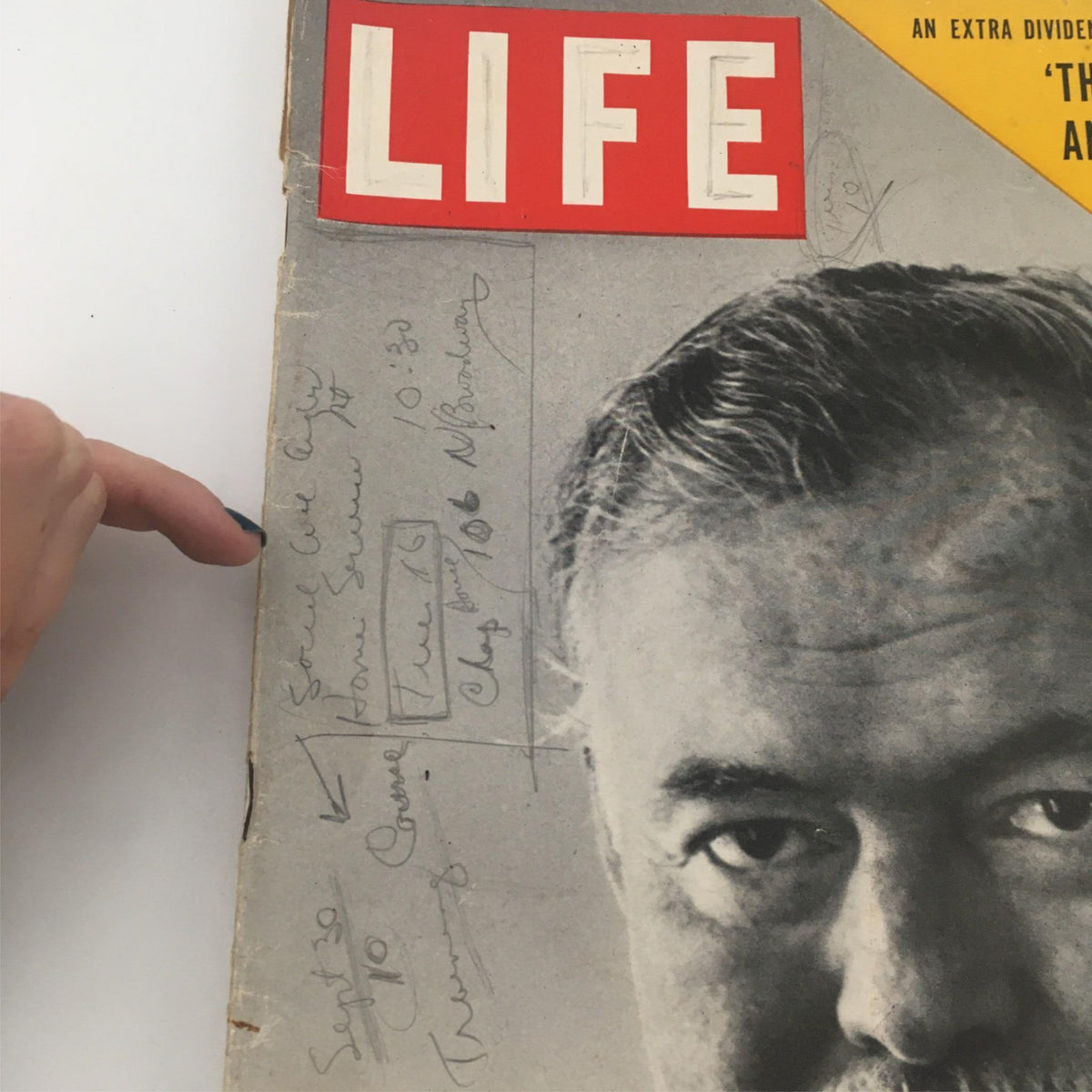 Cover of the VTG Life Magazine from September 1, 1952 featuring Ernest Hemingway, with handwritten notes and markings on the edge.