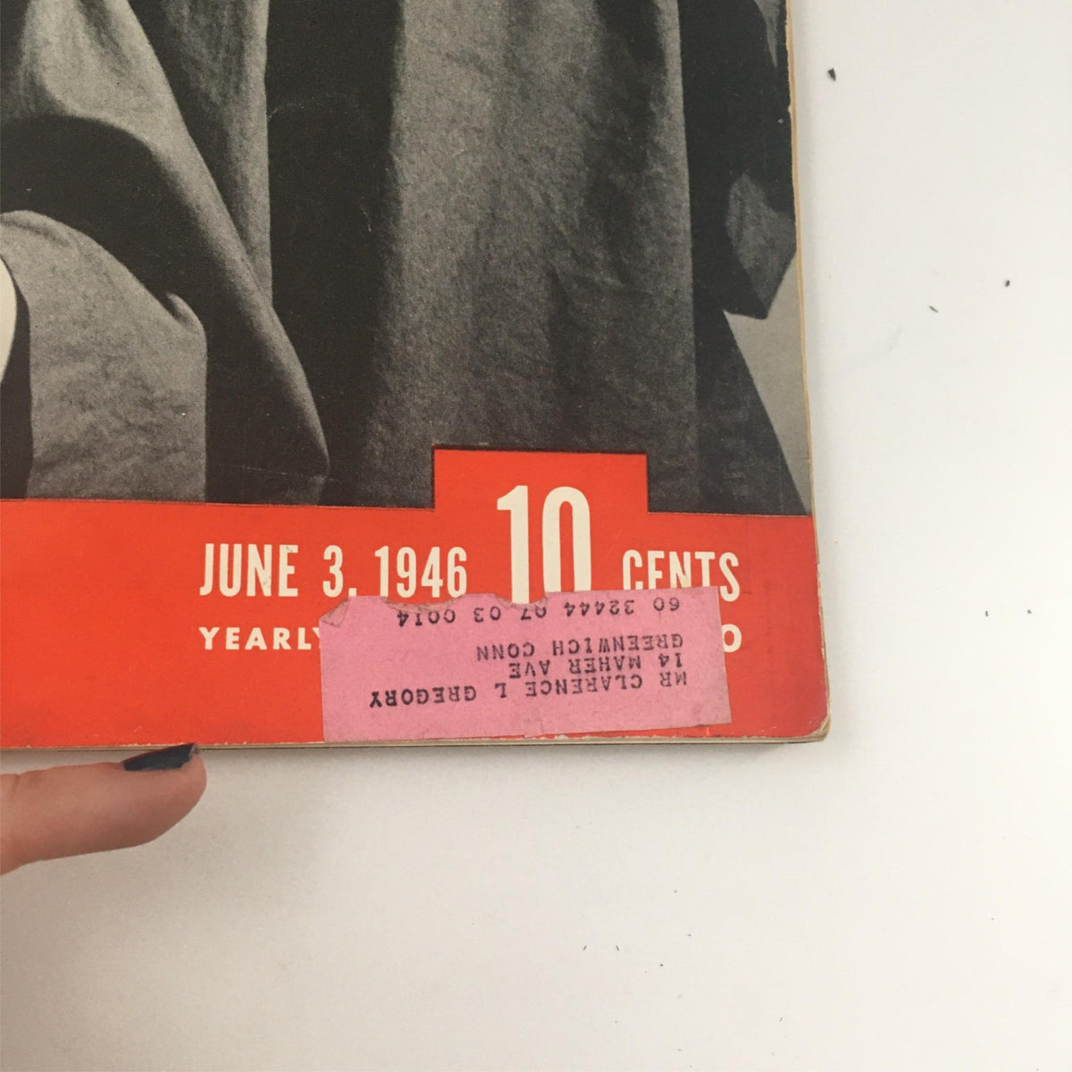 Close-up view of the VTG Life Magazine June 3, 1946, showing the publication date and price, along with an address label.