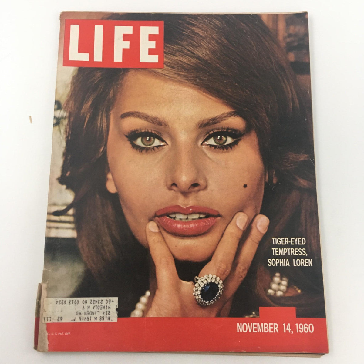 Life Magazine cover from November 14, 1960 featuring Tiger-Eyed Temptress Sophia Loren with a captivating gaze, showcasing her glamour and beauty.