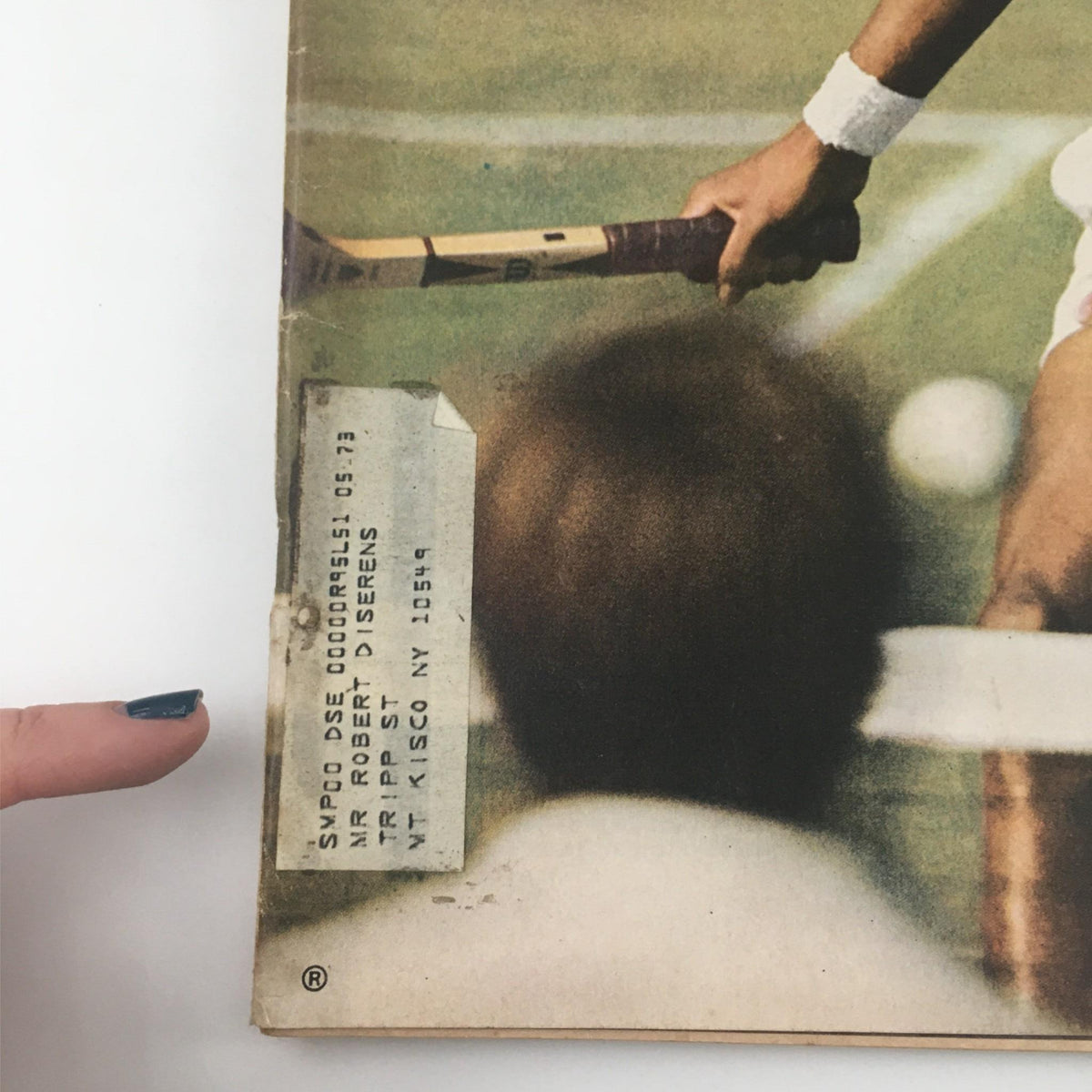 Close-up view of the address label on the vintage Life Magazine from September 20, 1968, featuring Arthur Ashe, providing details of former ownership.