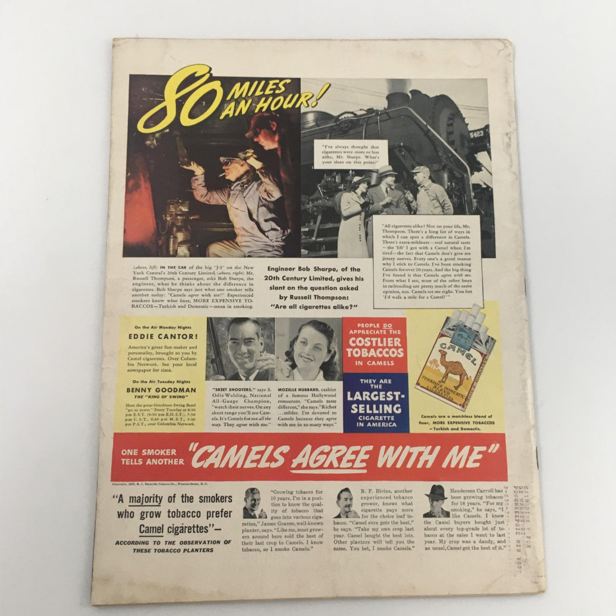 Back cover of VTG Life Magazine dated May 23, 1938, showcasing an advertisement for Camel cigarettes with a colorful design and a graphic of a train, along with an article highlighting various entertainers.