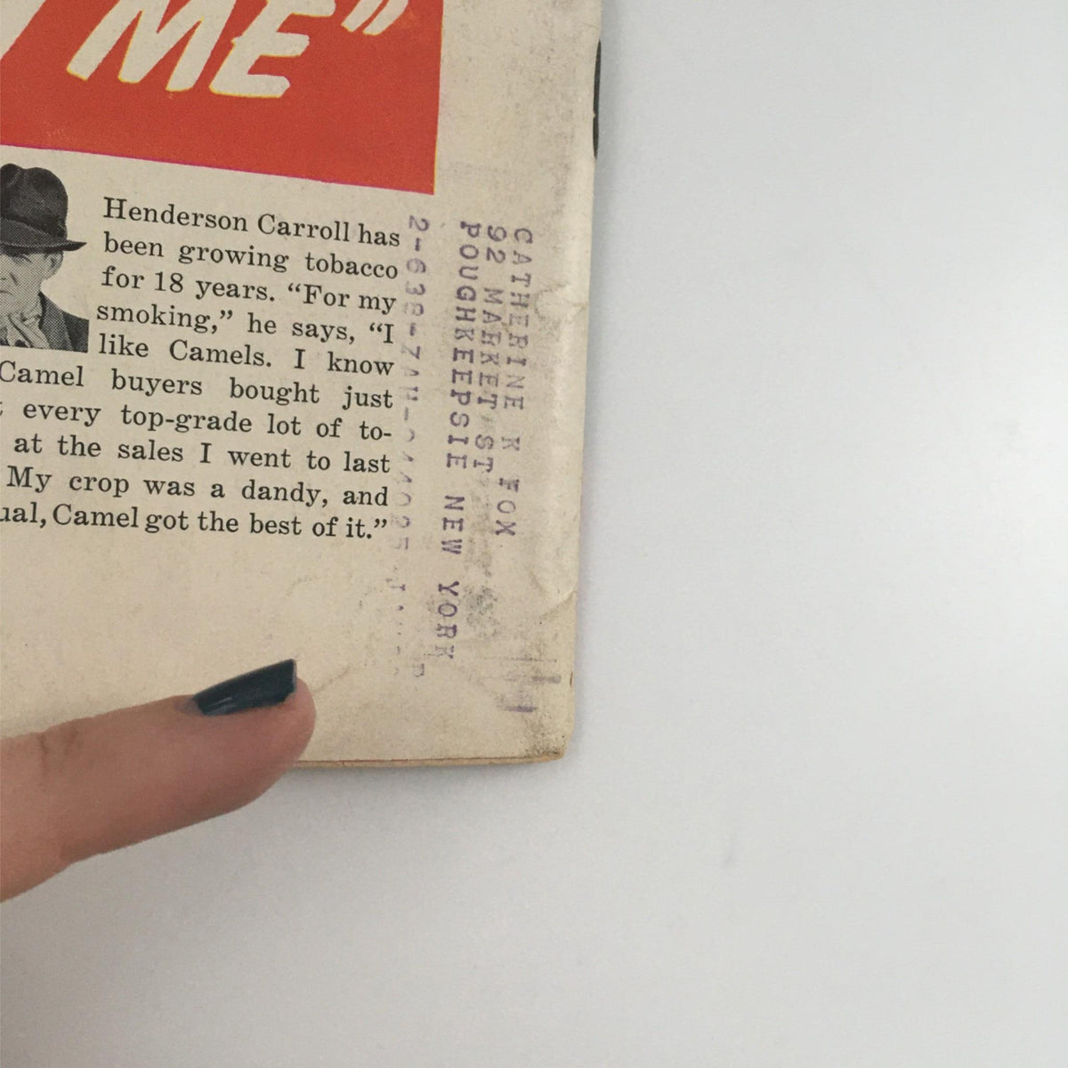 Close-up view of the bottom corner of the back cover of VTG Life Magazine from May 23, 1938, featuring text discussing tobacco preferences and a testimonial related to Camel cigarettes.