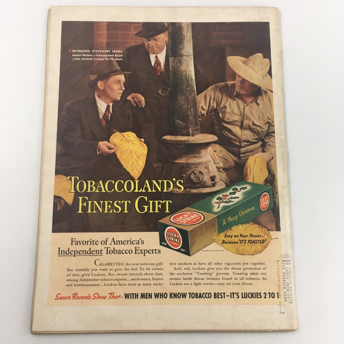 Vintage Life Magazine December 12, 1938 cover featuring 'Tobaccoland's Finest Gift' advertisement with men handling tobacco leaves, showcasing the classic Americana theme.