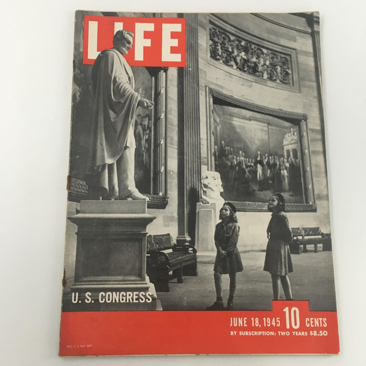 VTG Life Magazine June 18, 1945 showcasing a striking cover with the U.S. Congress Statue and children admiring it, reflecting American culture post-World War II.