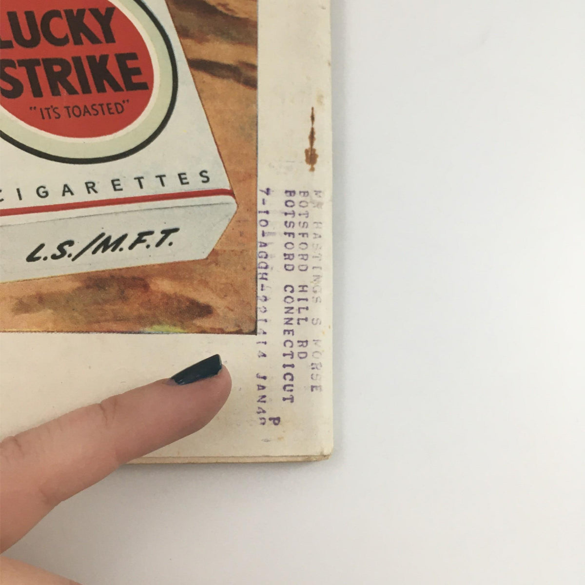 Close-up of a vintage Lucky Strike cigarette advertisement from the VTG Life Magazine June 18, 1945, displaying brand details and historical context.