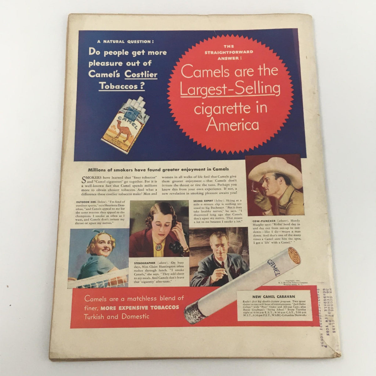 Back cover of VTG Life Magazine December 6, 1937, featuring an advertisement for Camels cigarettes, highlighting their status as the largest-selling cigarette in America.