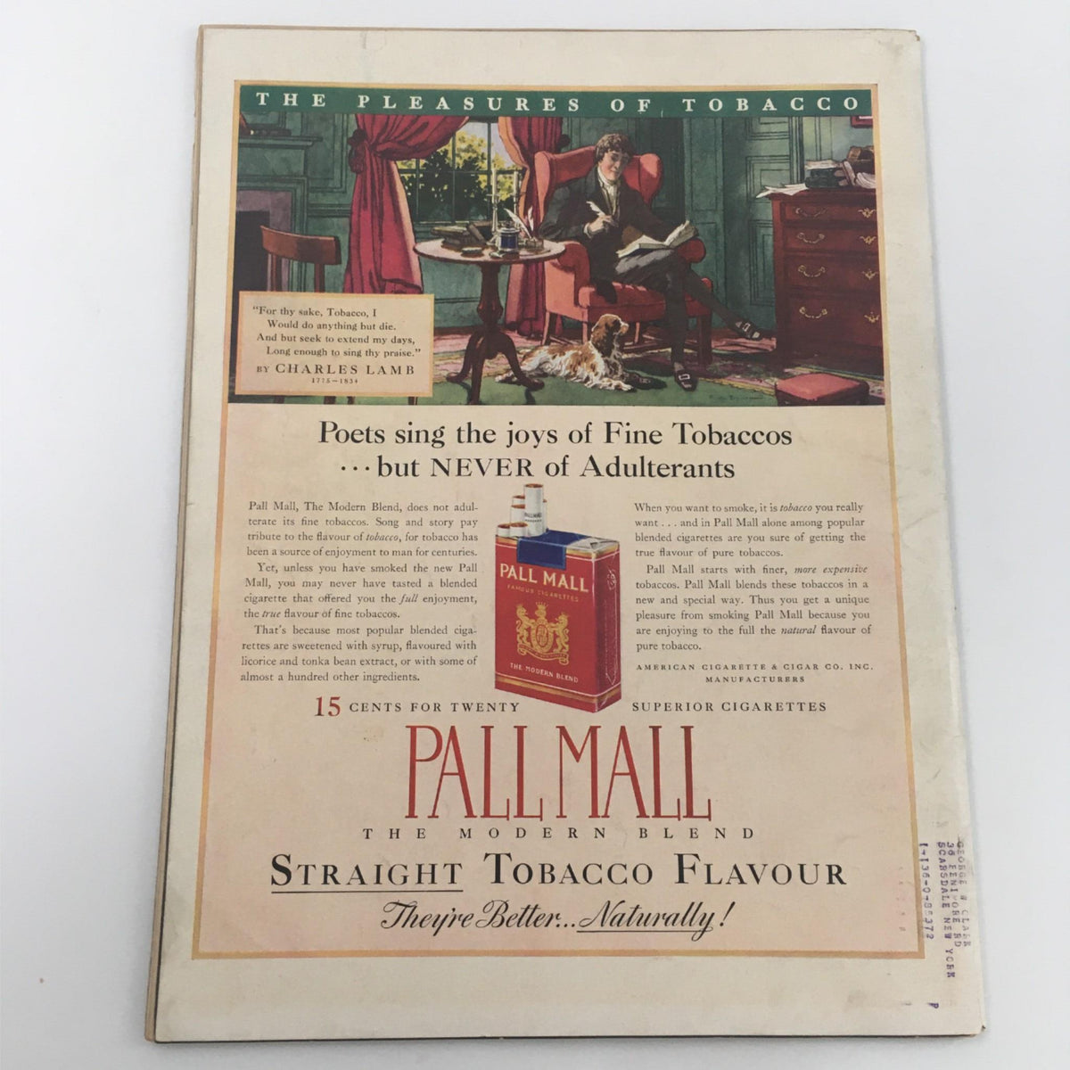 Back cover of VTG Life Magazine July 5, 1937 showcasing an advertisement for Pall Mall cigarettes, reflecting marketing trends of the 1930s.
