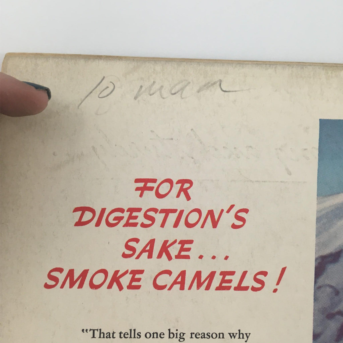 Detail of the back cover of VTG Life Magazine February 1, 1937, featuring the phrase 'For Digestion's Sake... Smoke Camels!', showcasing vintage promotional text.