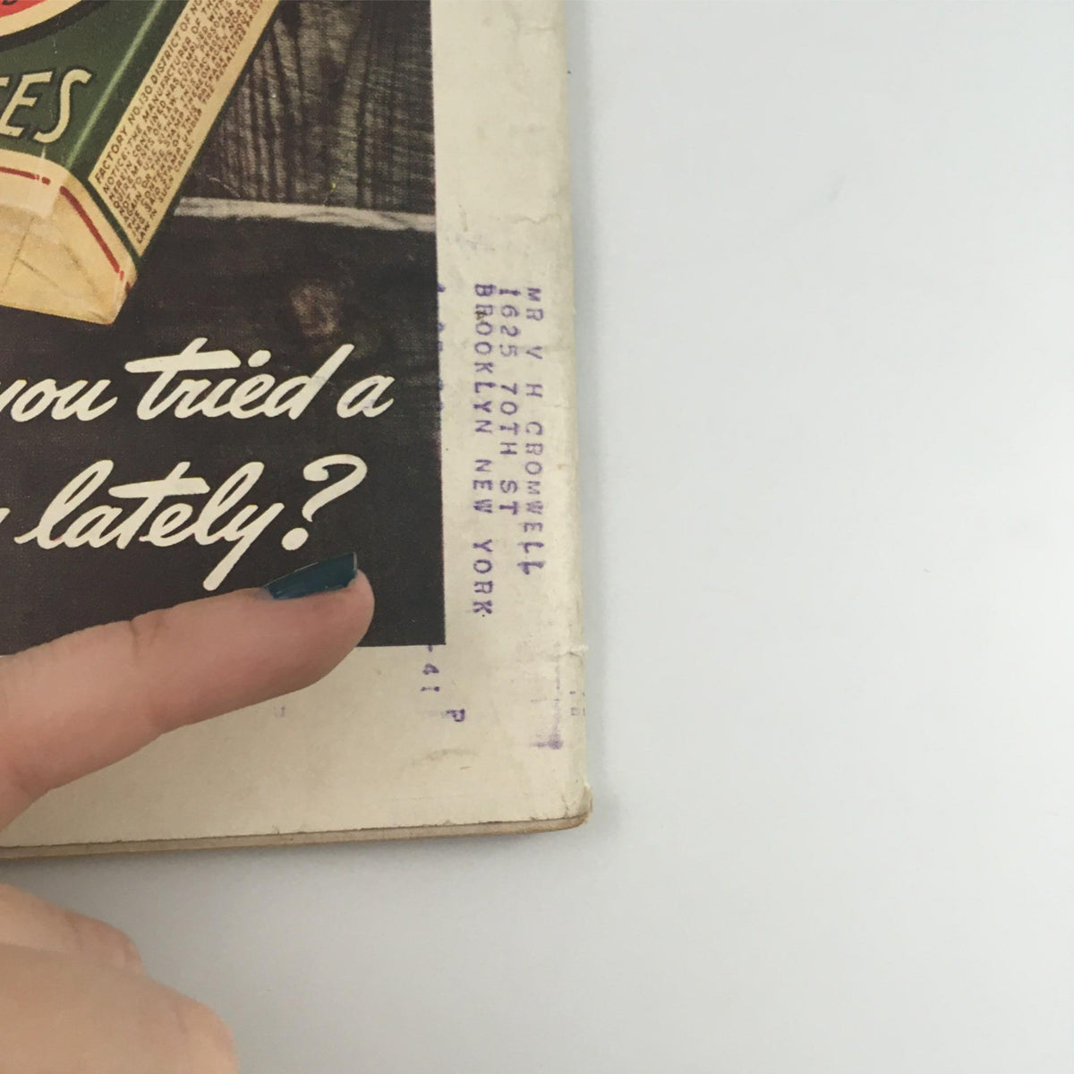 Side view of the back cover of VTG Life Magazine March 4, 1940, showing text and address label, emphasizing vintage advertising design.