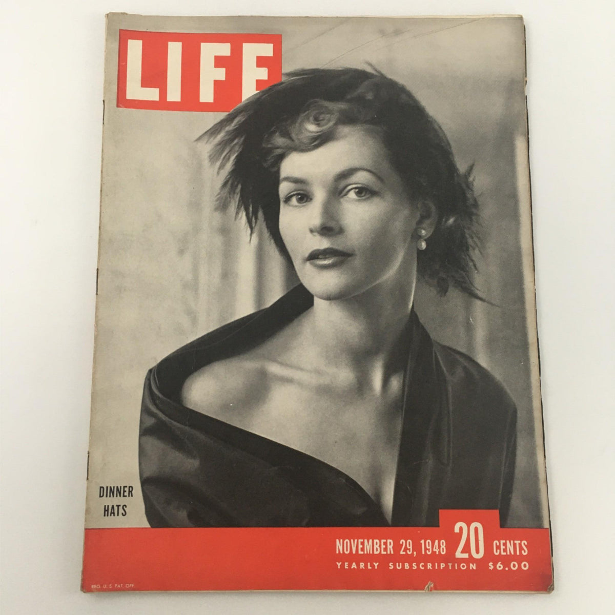 Life Magazine cover from November 29, 1948 featuring the Dinner Hats edition with a stylish model and the headline 'LIFE'. This vintage magazine showcases 1940s fashion and culture.