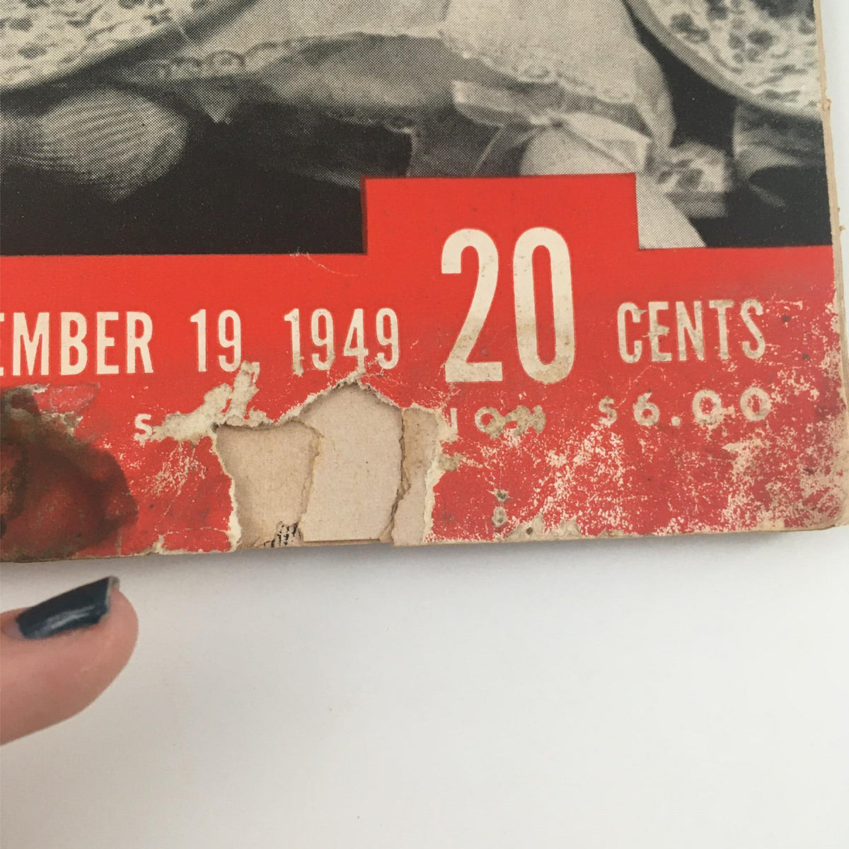 Close-up of the price and date on the VTG Life Magazine December 19, 1949, displaying '20 Cents' and the issue date.