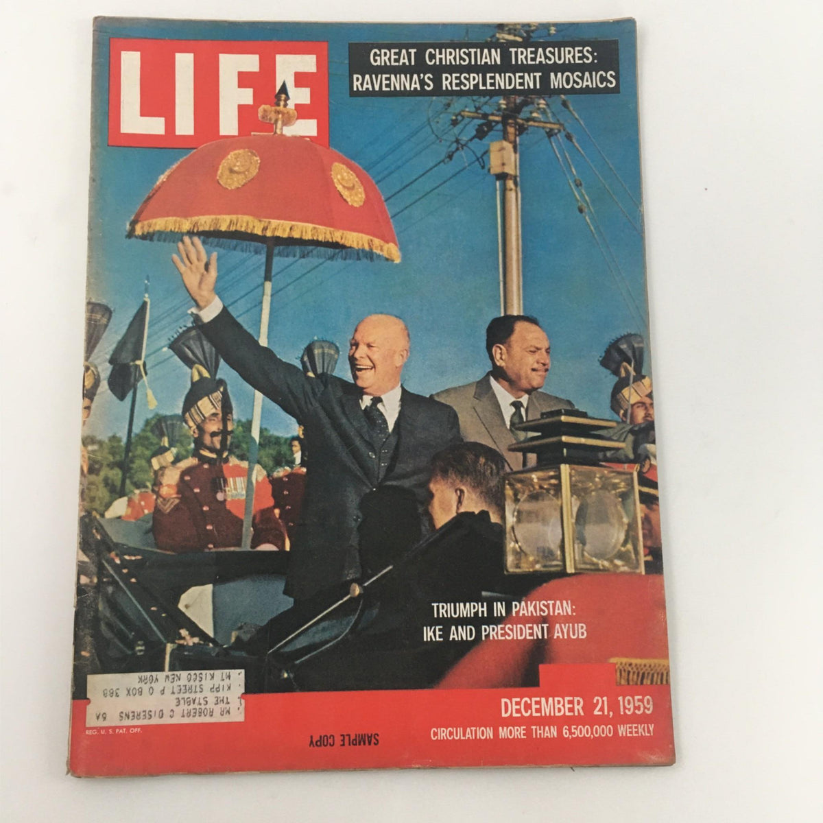 Vintage Life Magazine cover from December 21, 1959, featuring the title 'Triumph in Pakistan: Ike and President Ayub.' The cover displays U.S. President Dwight D. Eisenhower waving, with President Muhammad Ayub Khan beside him, set against a backdrop of a ceremonial event.