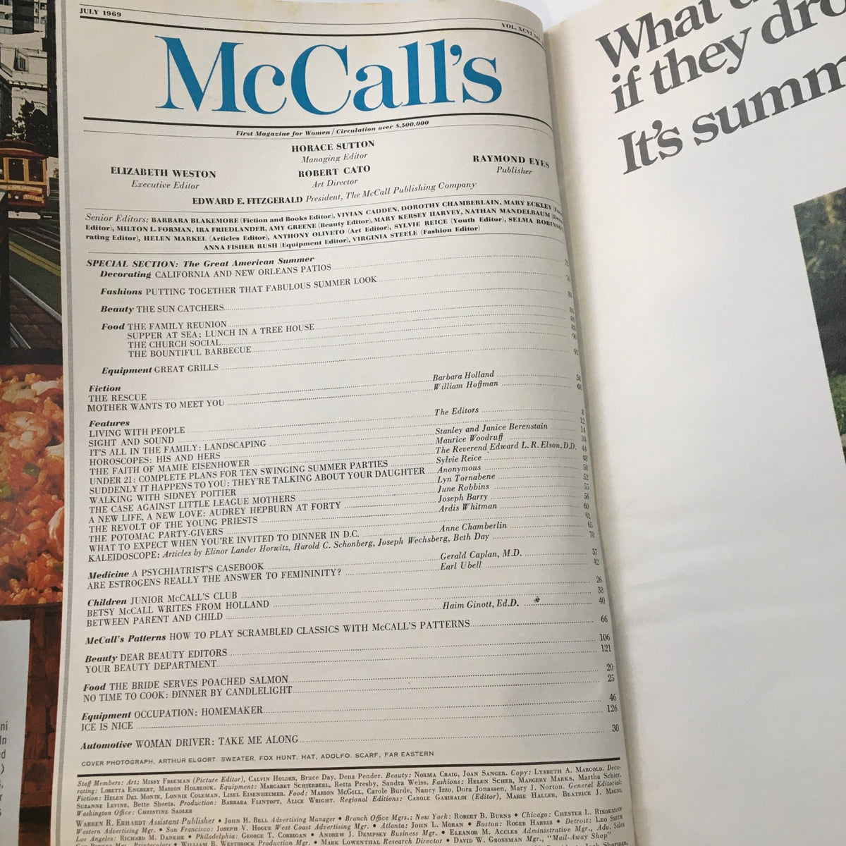Interior page of VTG McCall's Magazine July 1969 displaying the table of contents. The page features a variety of articles, including 'The Case Against Little League Mothers,' encapsulating the magazine's focus on society and lifestyle during the era.