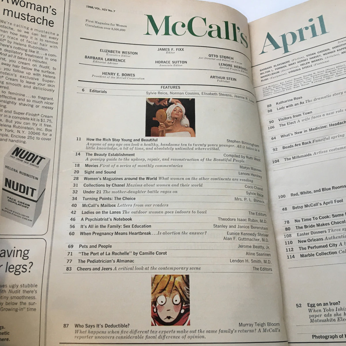 Interior page of VTG McCall's Magazine April 1968 featuring a table of contents and articles, highlighting the magazine's editorial and cultural significance.