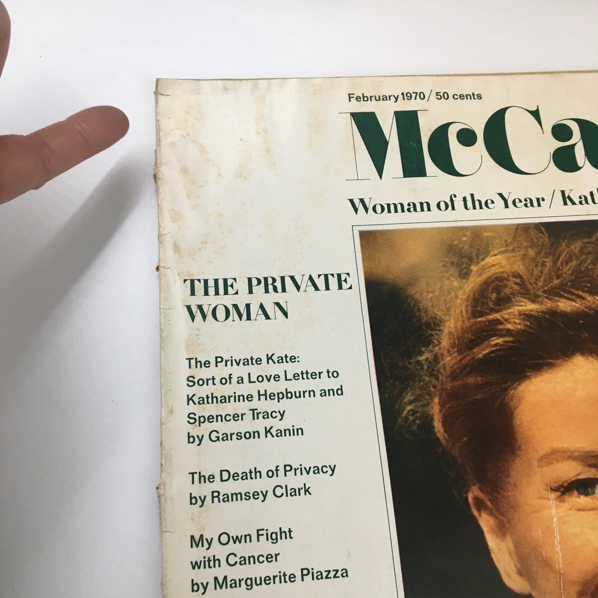 Close-up of the cover of VTG McCall's Magazine February 1970 highlighting Katharine Hepburn, Woman of the Year, with the title 'The Private Woman' prominently displayed.