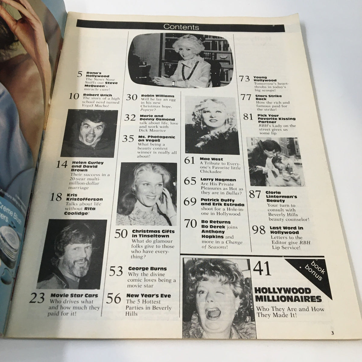 Contents page of Rona Barrett's Hollywood Magazine January 1981 listing featured articles including J.R.'s Private Pleasures and Hollywood Millionaires.
