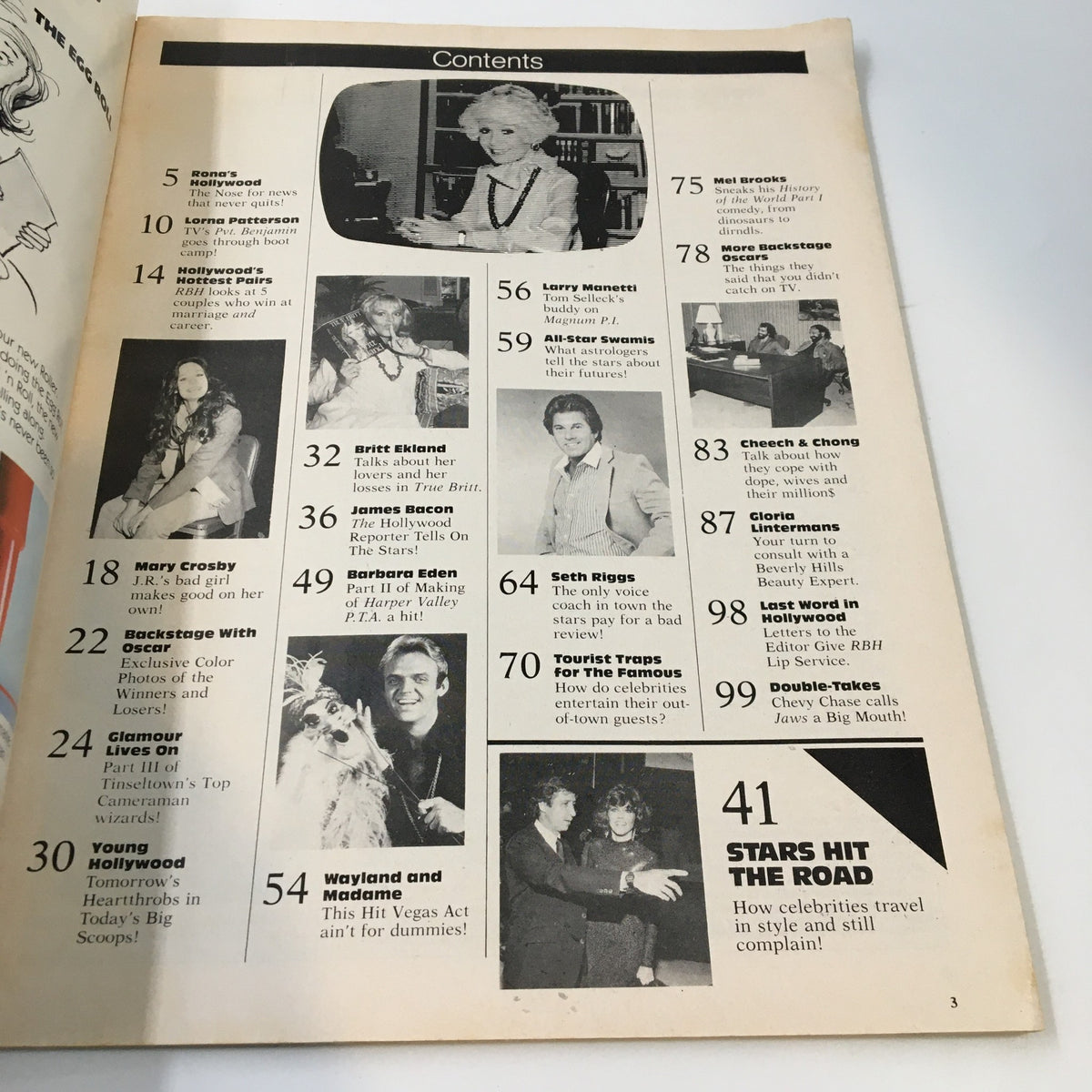 Contents page of Rona Barrett's Hollywood Magazine July 1981 listing articles and features including Mary Crosby and Mel Brooks, capturing the essence of celebrity culture in the early 80s.
