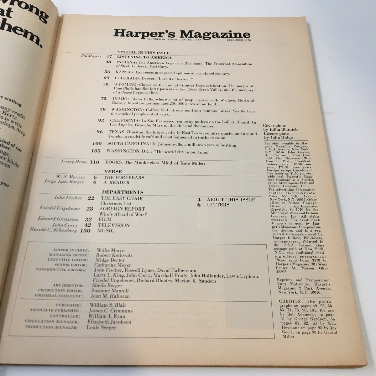 Inside page of VTG Harper's Magazine December 1970 featuring Bill Moyers' article "Listening to America". The layout includes the magazine's title and table of contents highlighting various cultural and political topics discussed in the issue.