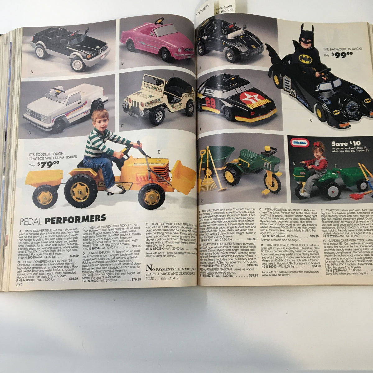 1992 Sears The Great American Wish Book Catalog page featuring a selection of pedal-powered toys including cars and tractors for children, with prices displayed.