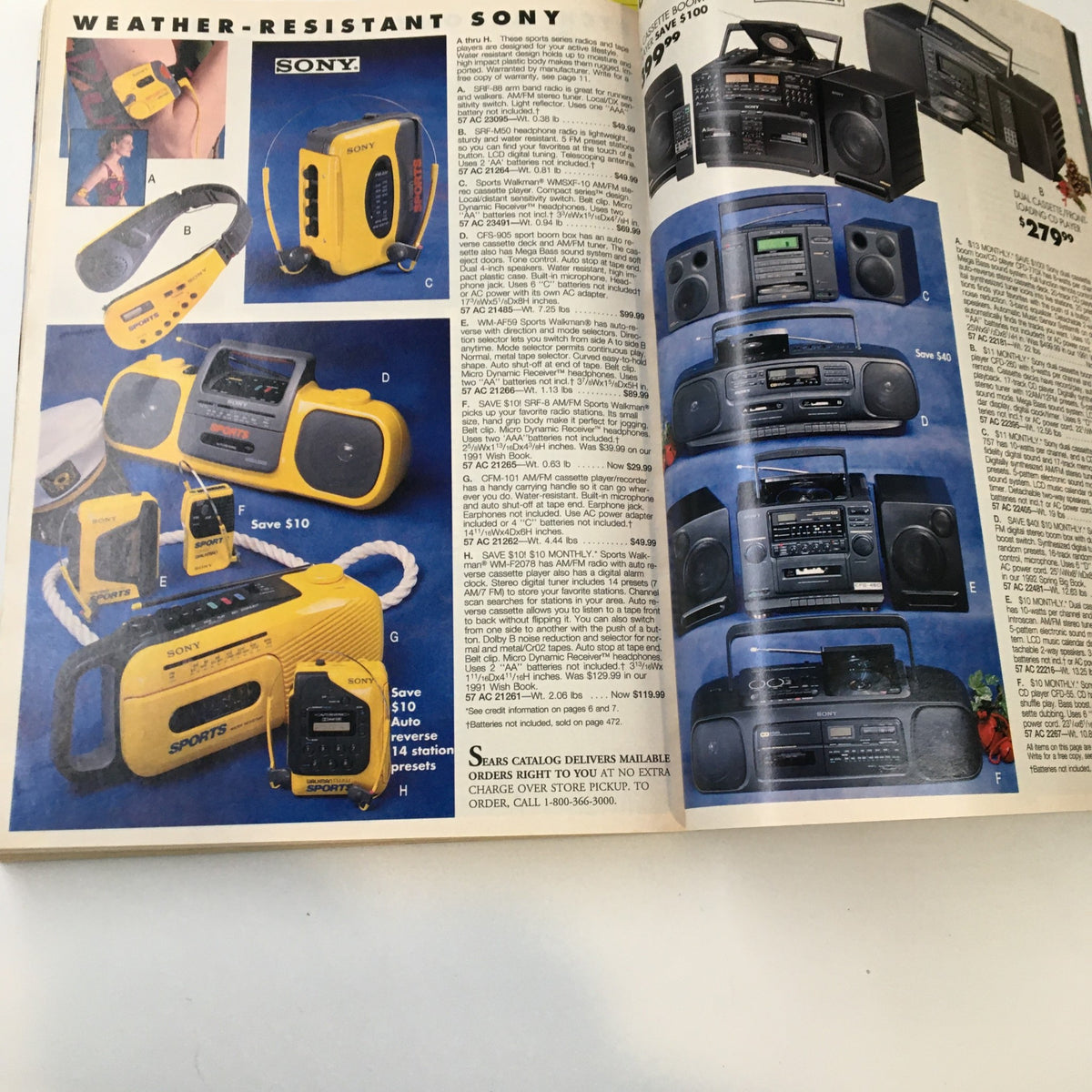 1992 Sears The Great American Wish Book Catalog showcasing Sony weather-resistant audio equipment including boomboxes and sports radios, with listed prices.