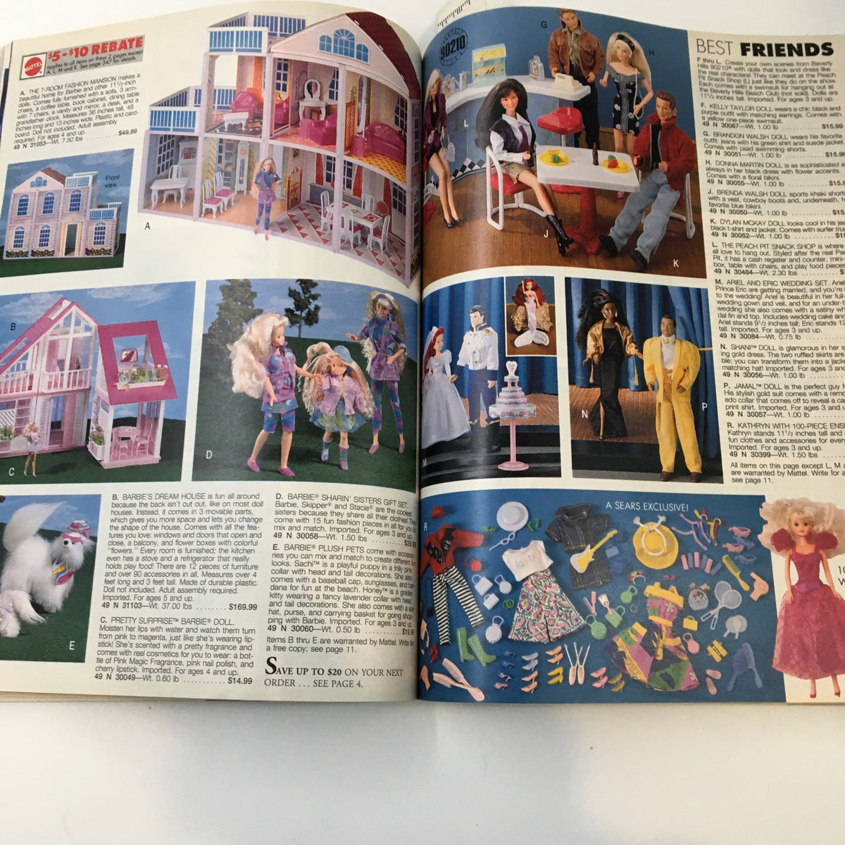 1992 Sears The Great American Wish Book Catalog page displaying Barbie playsets, dolls, and various accessories in a stylish layout, emphasizing exclusive deals and promotional offers.
