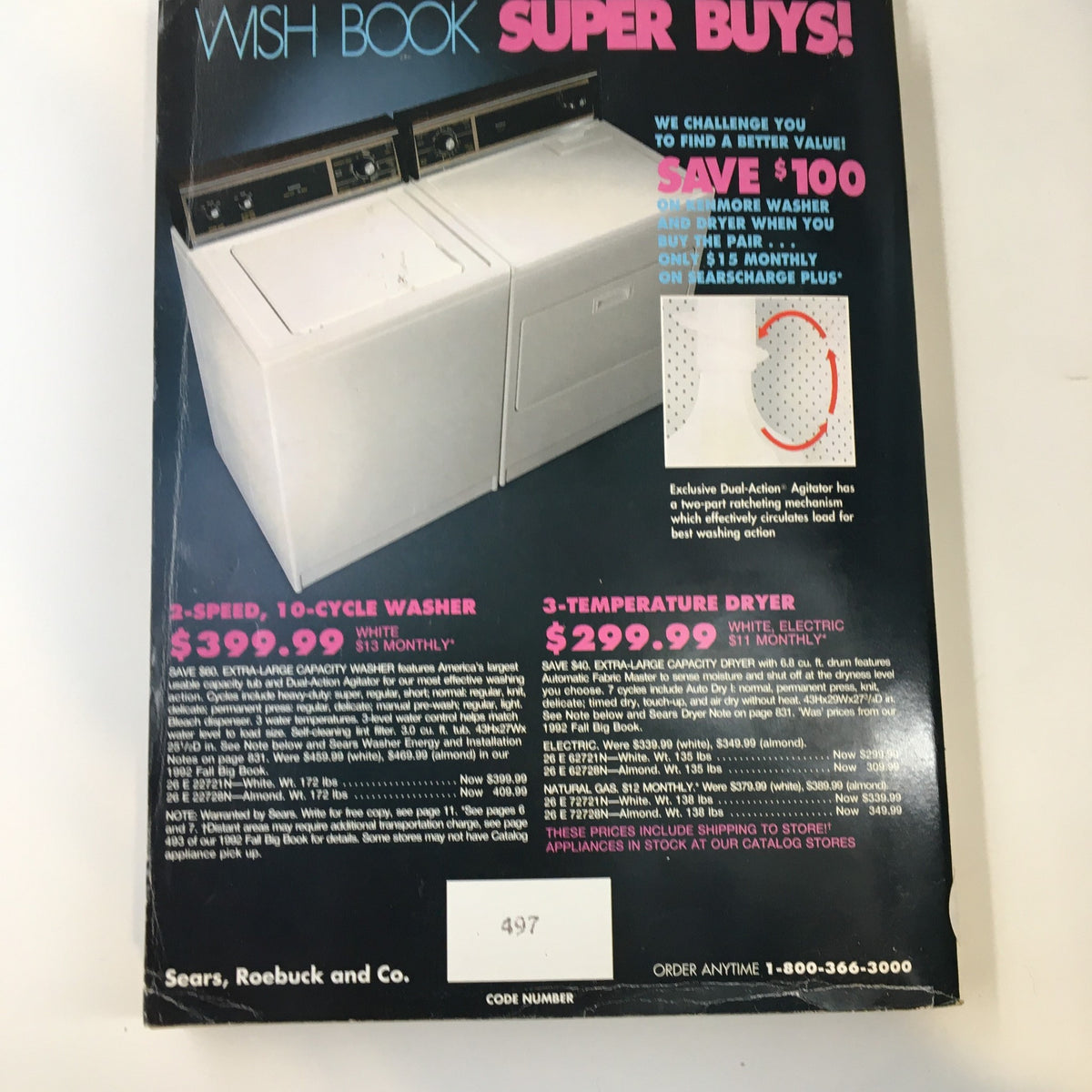 1992 Sears The Great American Wish Book Catalog cover featuring a washing machine and dryer with promotional pricing, highlighting significant savings and product details for home appliances.