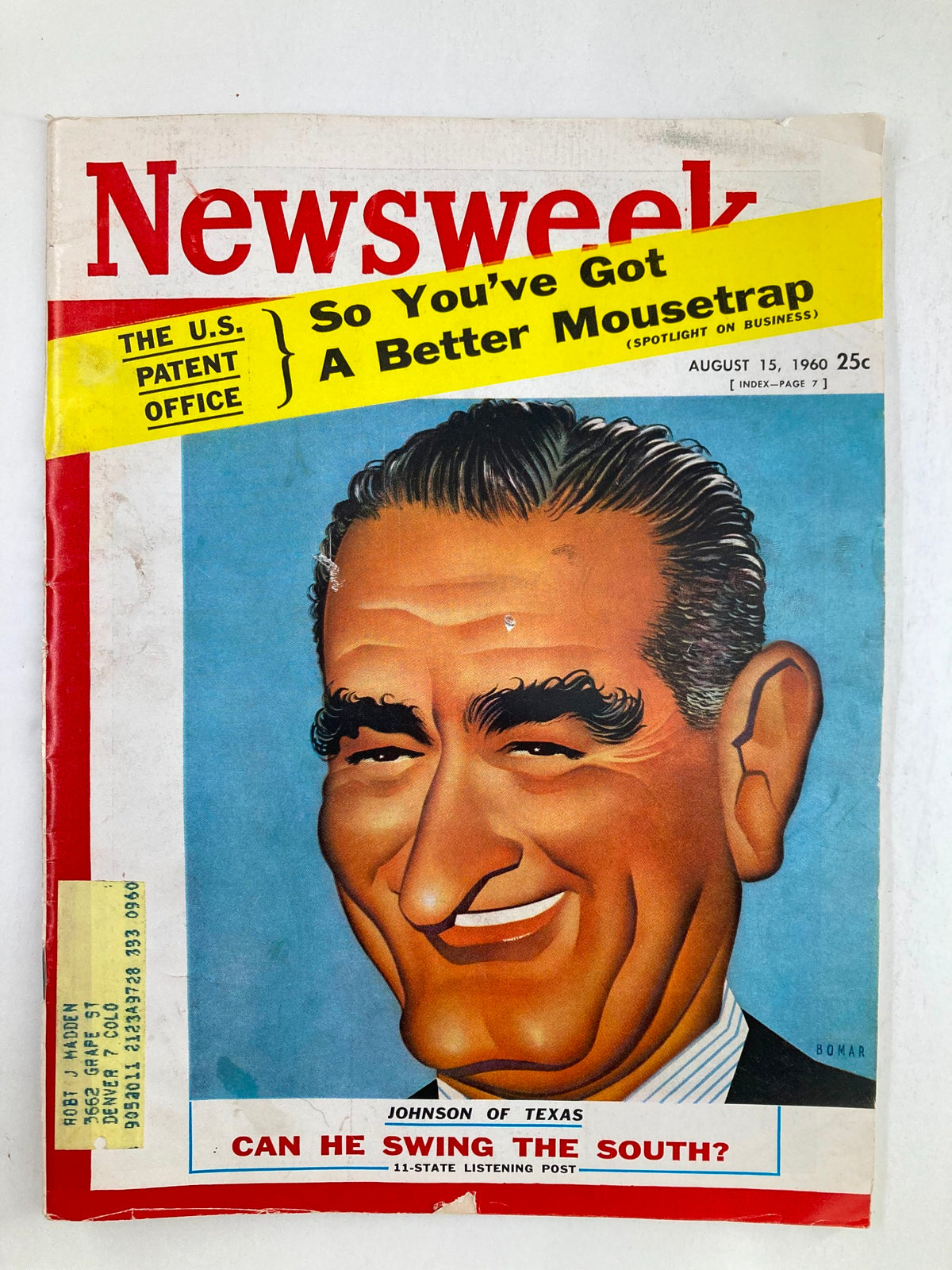 VTG Newsweek Magazine August 15 1960 cover featuring a caricature of Lyndon B. Johnson with the headline 'Can He Swing The South?' and a bright yellow advertisement. This vintage magazine showcases political history and memorabilia.