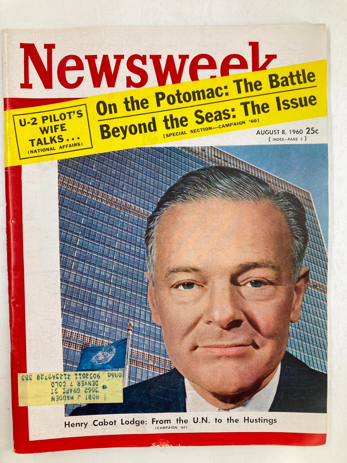 VTG Newsweek Magazine August 8 1960 featuring Henry Cabot Lodge with the headline 'From the U.N. to the Hustings', showcasing a photograph of Lodge against a backdrop of the United Nations flag and modern architecture.
