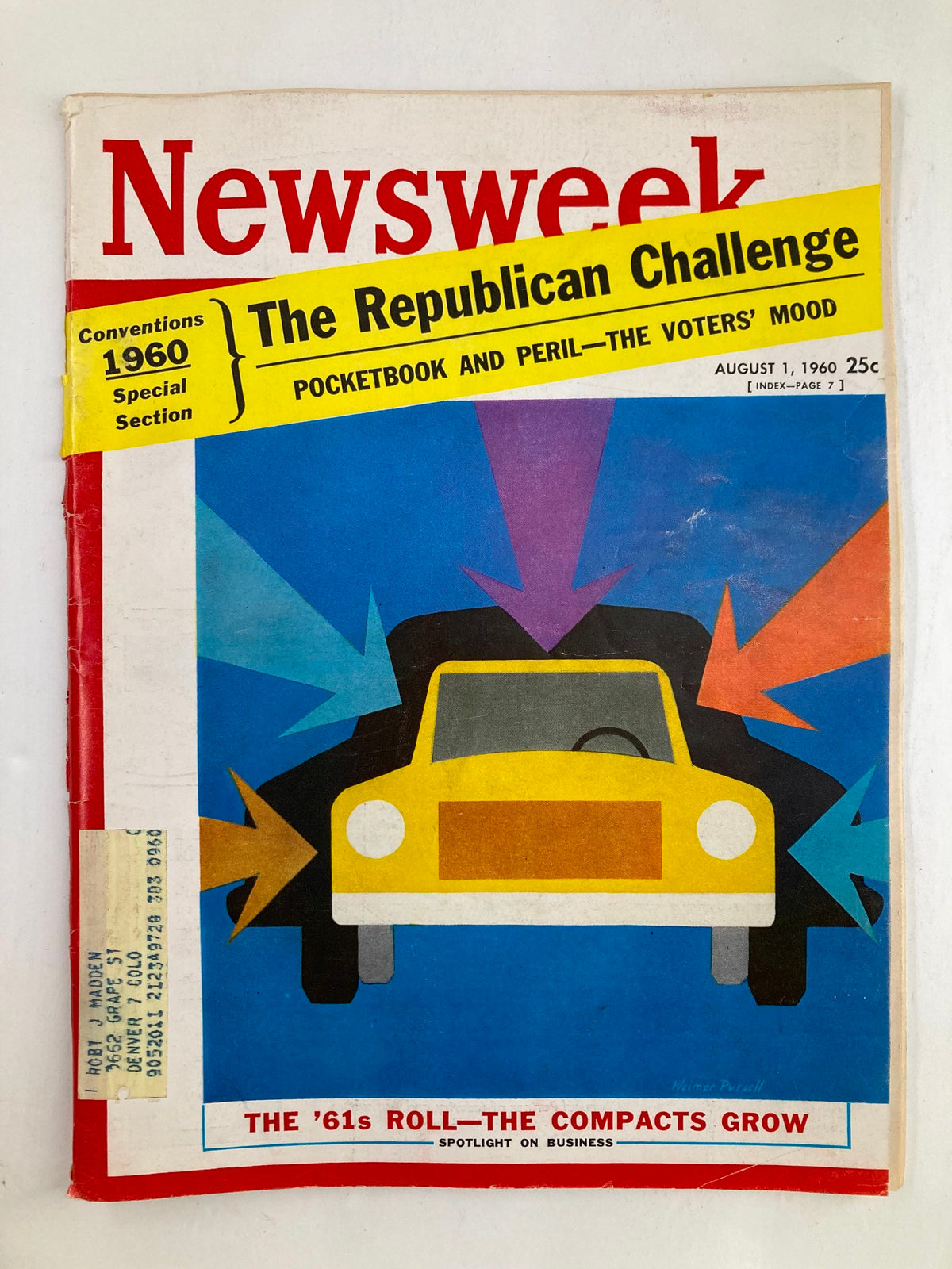 Front cover of VTG Newsweek Magazine from August 1, 1960, featuring a colorful illustration of a yellow car against a vibrant background, titled 'The '61s Roll The Compacts Grow'.