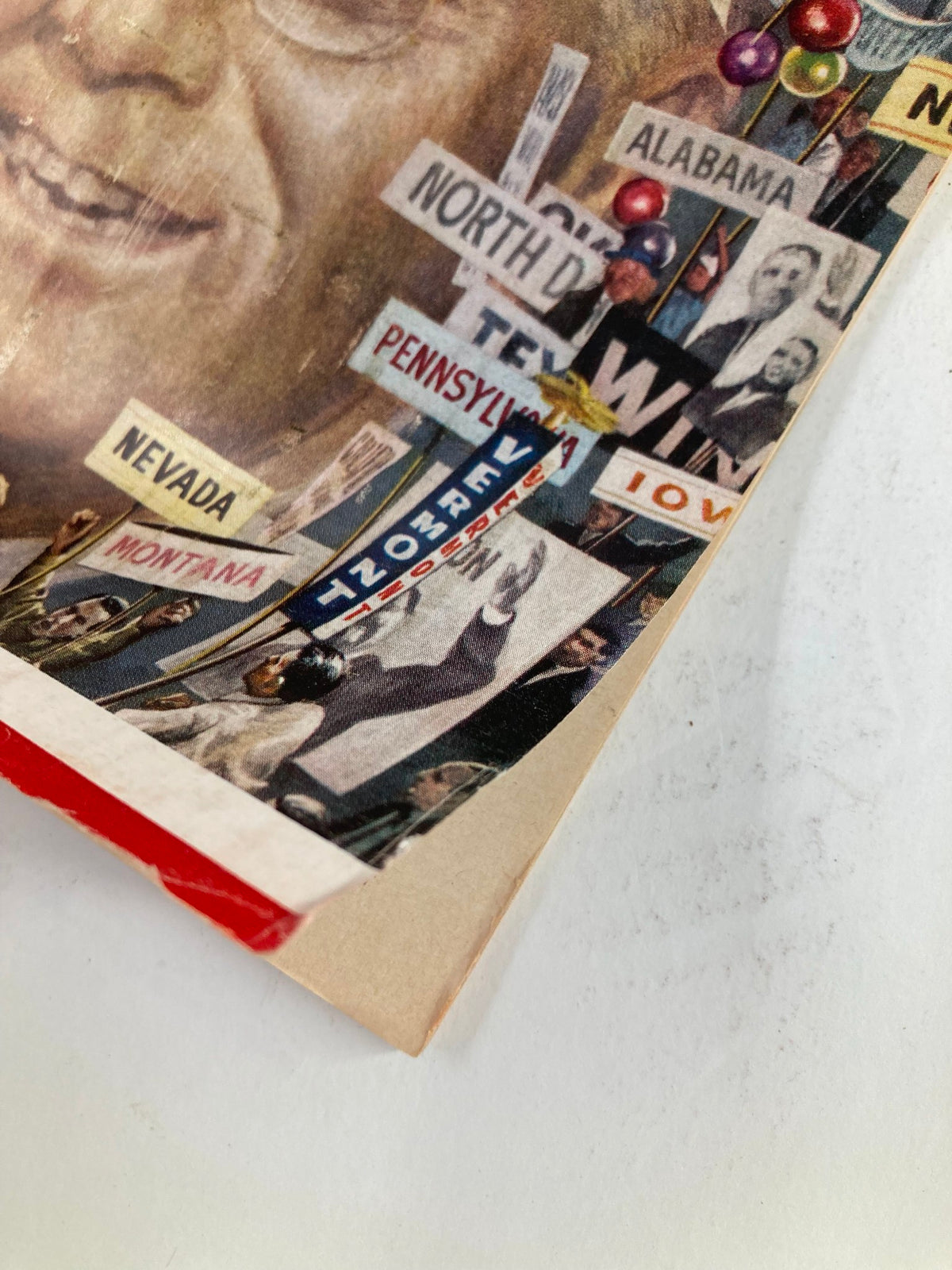 Close-up view of VTG Newsweek Magazine July 18 1960 featuring Franklin D. Roosevelt cover details, showcasing political signage from different states like Alabama, Nevada, and Pennsylvania, capturing the political atmosphere of the 1960s.