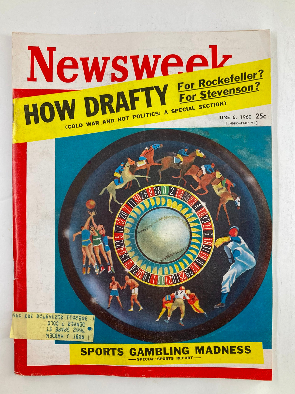 Vintage Newsweek Magazine cover from June 6, 1960 featuring the title 'How Drafty for Rockefeller & Stevenson'. The colorful design includes sports themes and a bold headline, showcasing historical political commentary.