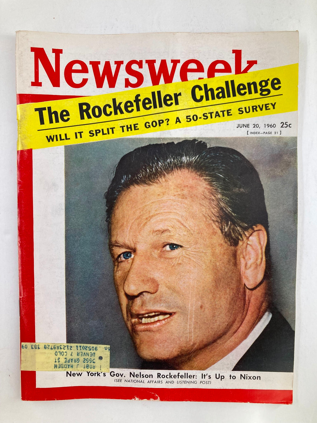 VTG Newsweek Magazine June 20 1960 featuring New York's Governor Nelson Rockefeller on the cover with a headline about the Rockefeller Challenge and its potential impact on the GOP.