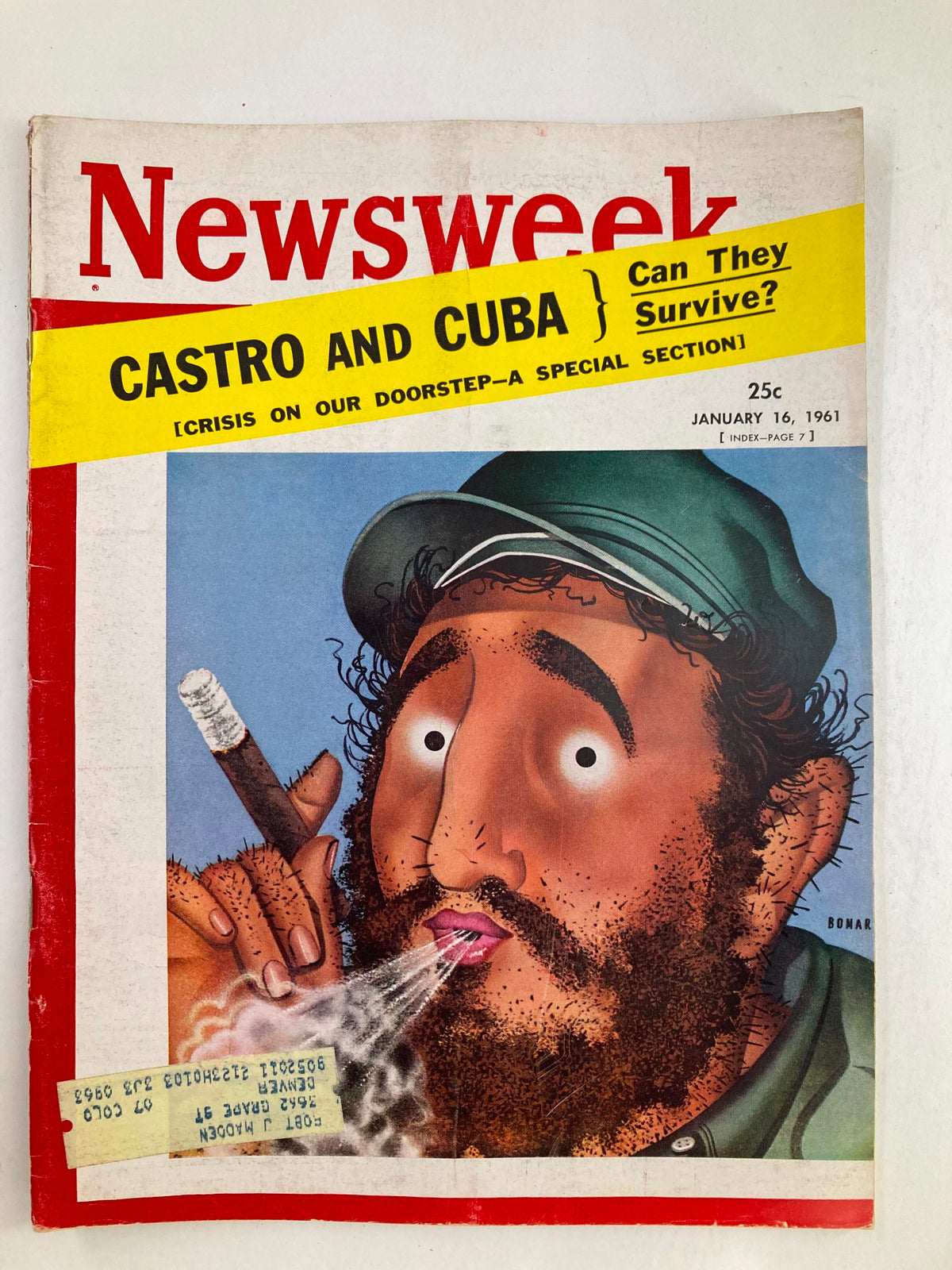 VTG Newsweek Magazine January 16 1961 featuring a cartoon depiction of Fidel Castro, with headlines discussing Cuba's crisis and survival.