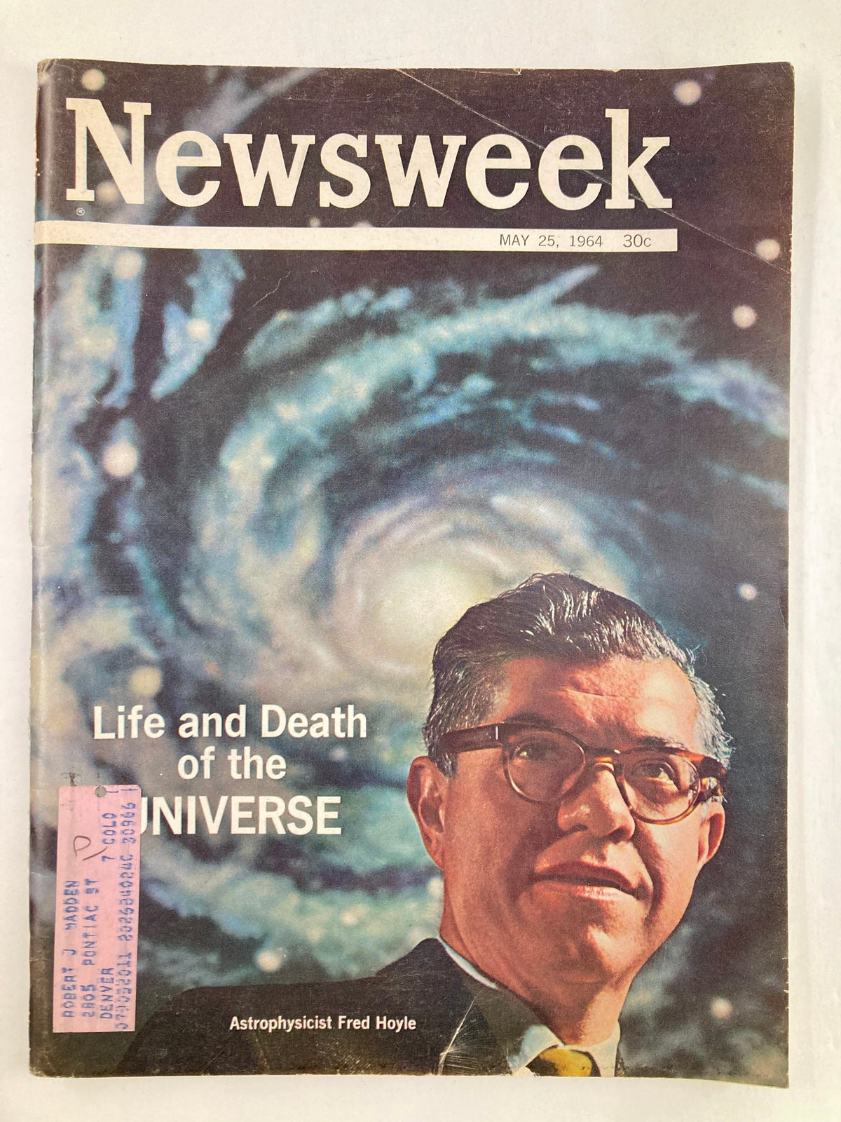 VTG Newsweek Magazine May 25 1964 featuring Fred Hoyle, an astrophysicist, on the cover with the title 'Life and Death of the Universe' and a background depicting cosmic imagery.