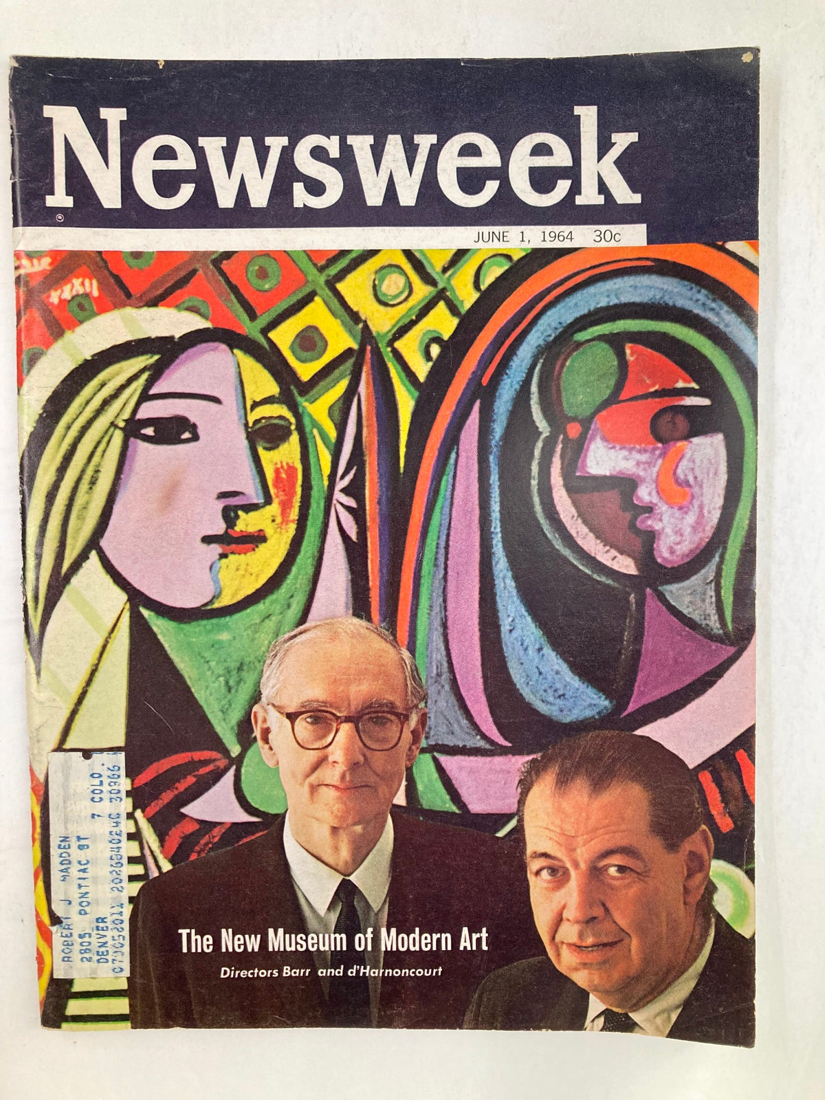 Cover of the VTG Newsweek Magazine from June 1, 1964 featuring the title 'The New Museum of Modern Art' with portraits of Directors Barr and d'Harnoncourt, showcasing colorful abstract artwork in the background.