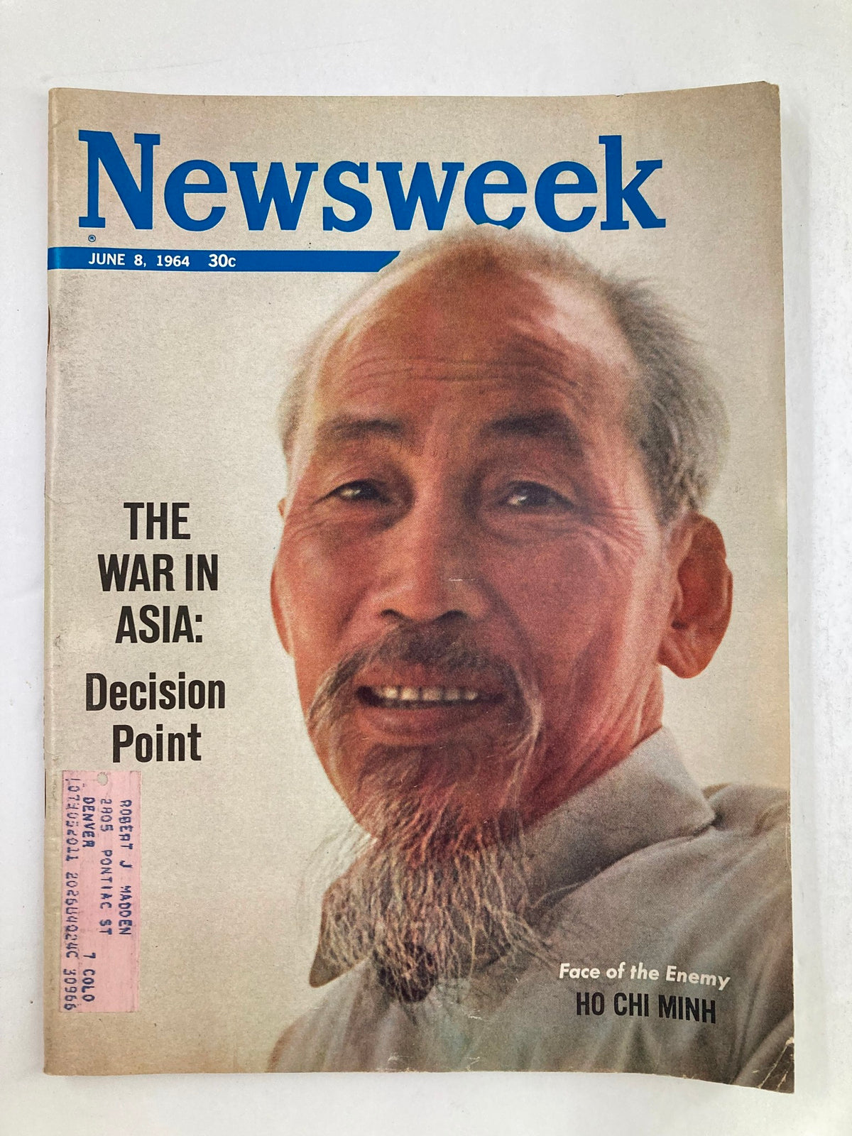 VTG Newsweek Magazine June 8 1964 cover featuring Ho Chi Minh with the headline "Face of the Enemy" and article focus on the Vietnam War.