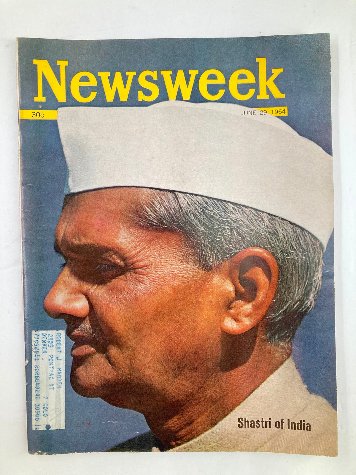 Cover of VTG Newsweek Magazine from June 29, 1964 featuring Indian Prime Minister Lal Bahadur Shastri, showcasing a profile image with a white cap and the title 'Shastri of India'.