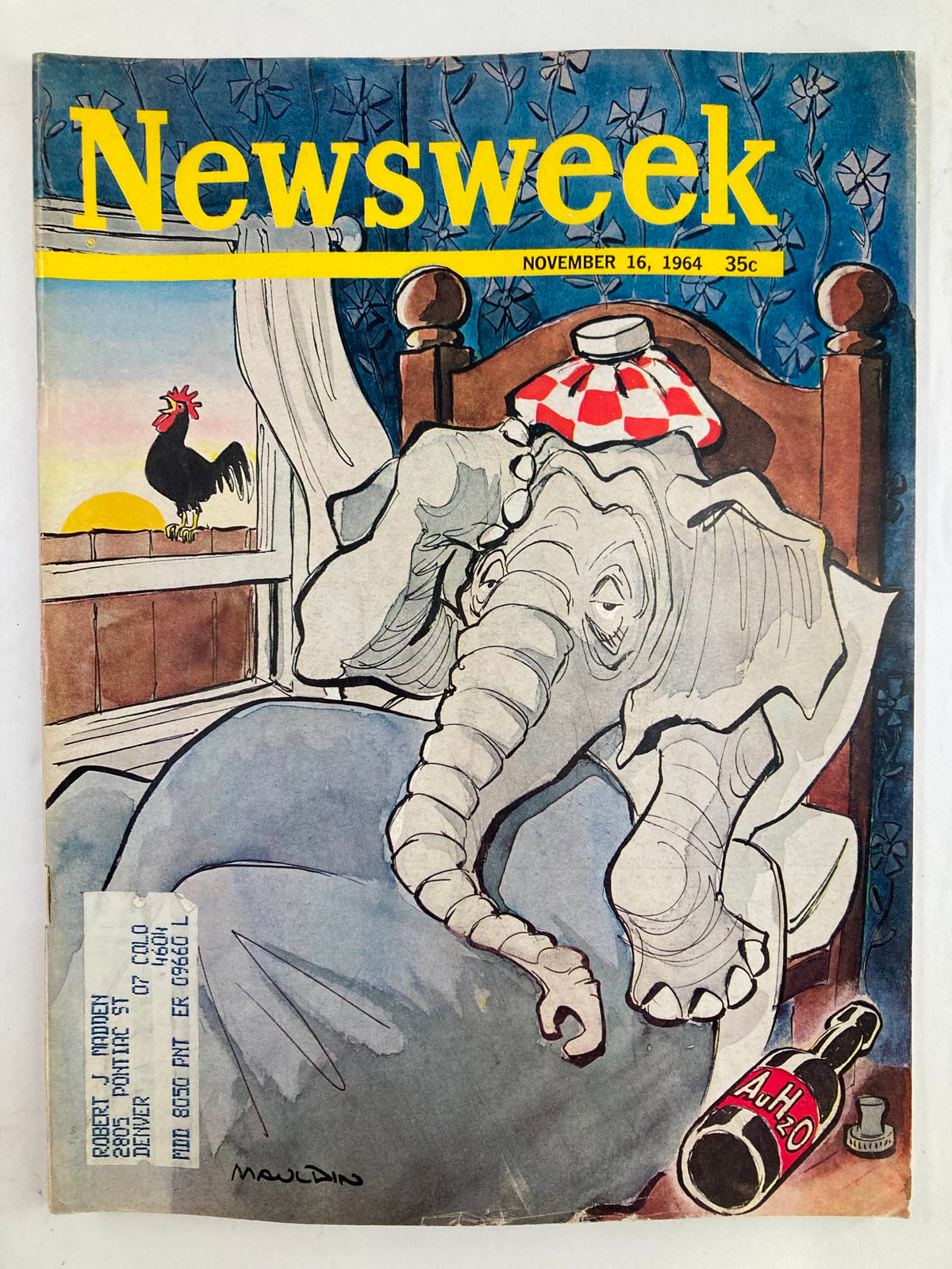 VTG Newsweek Magazine November 16, 1964 cover featuring a whimsical illustration of an elephant in bed. The cover includes a rooster outside a window, showcasing the magazine's title and date prominently, and highlights its unique vintage appeal.