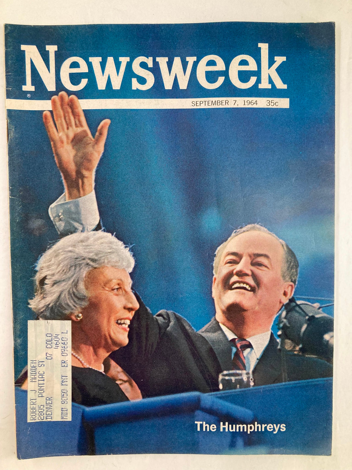 Vintage Newsweek Magazine cover from September 7, 1964, featuring Hubert Humphrey and Muriel Humphrey, showcasing their smiles during a political event, with a blue background and the magazine's title prominently displayed.