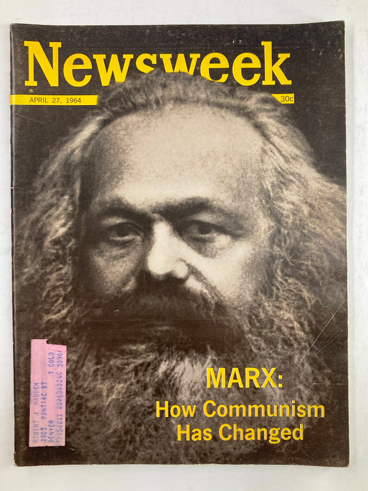 Cover of VTG Newsweek Magazine from April 27, 1964, featuring an article titled 'Marx: How Communism Has Changed', highlighting a portrait of Karl Marx.