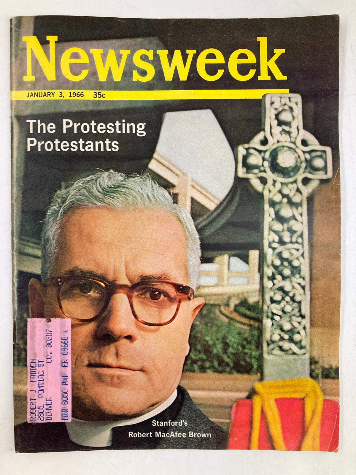 Cover of vintage Newsweek magazine from January 3, 1966, featuring Stanford's Robert MacAfee Brown with the headline 'The Protesting Protestants'.