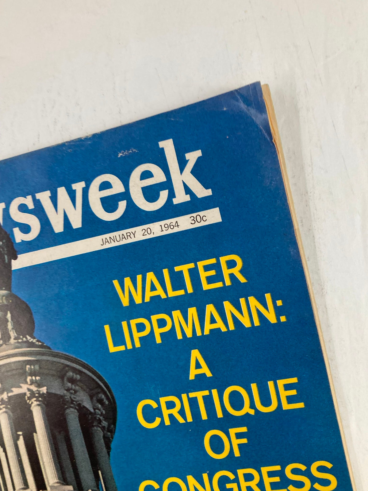 Cover of VTG Newsweek Magazine from January 20, 1964 featuring the title 'Walter Lippmann: A Critique of Congress'. The magazine showcases a blue background with prominent yellow text highlighting the article.