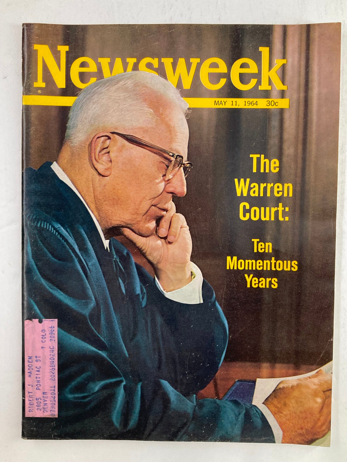 Vintage Newsweek Magazine cover from May 11, 1964, featuring the title 'The Warren Court: Ten Momentous Years' with a thoughtful portrait of a man in a suit and glasses, highlighting key judicial milestones.