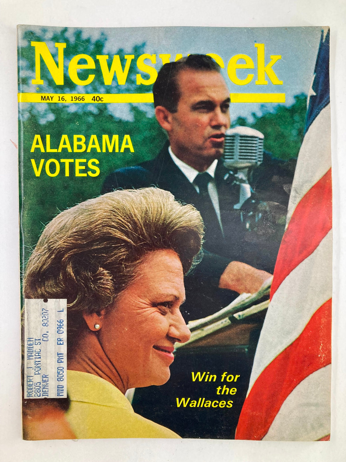 VTG Newsweek Magazine May 16 1966 cover featuring the title 'Alabama Votes' highlighting the Wallaces' win, with a prominent image of a woman smiling and a man speaking into a microphone, surrounded by an American flag.