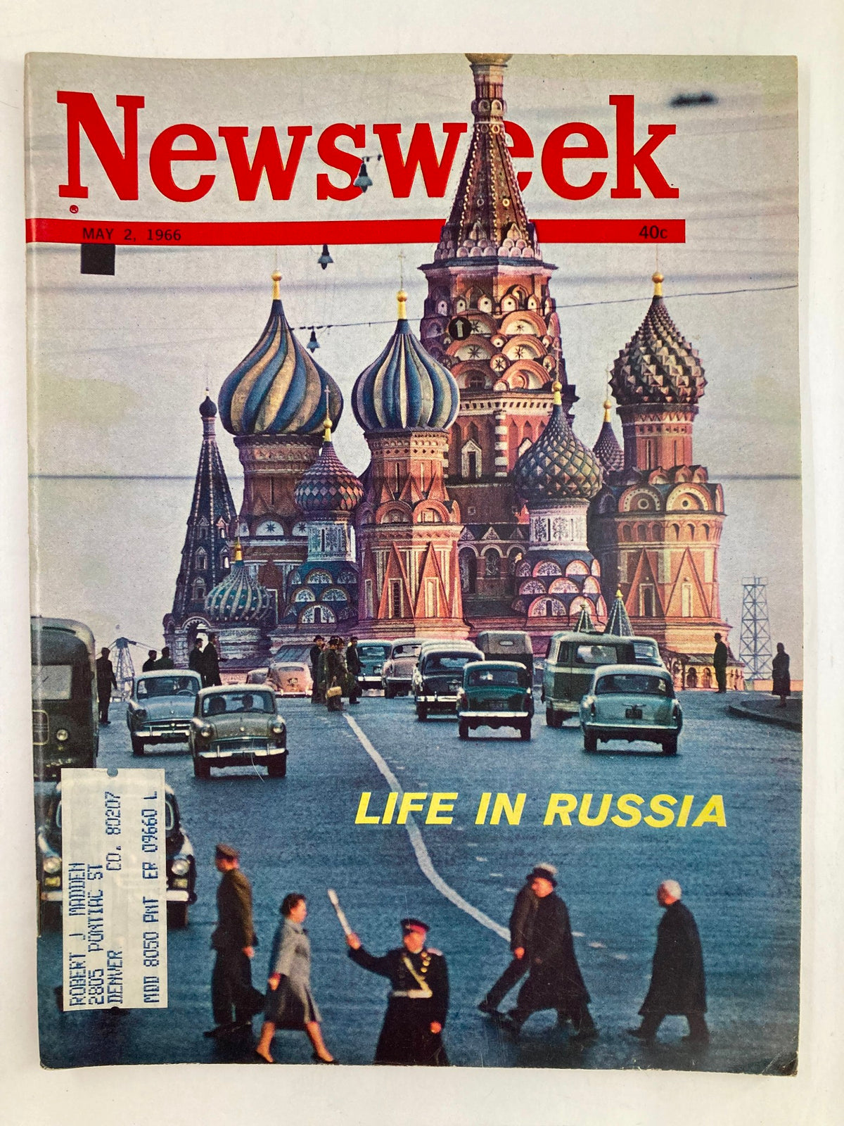 Cover of VTG Newsweek Magazine from May 2, 1966, featuring the title 'Life in Russia' with colorful imagery of St. Basil's Cathedral and the Moscow cityscape.