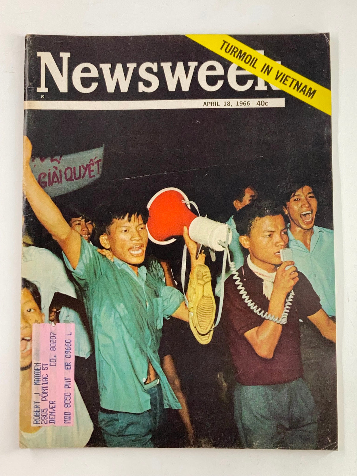 Cover of VTG Newsweek Magazine from April 18, 1966, featuring a vibrant image related to Turmoil in Vietnam, showcasing individuals engaging in a demonstration.