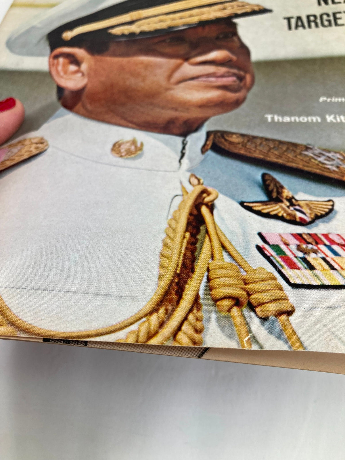 Close-up image of the cover of VTG Newsweek Magazine from January 31, 1966, featuring Prime Minister Thanom Kittikachorn in a ceremonial uniform, showcasing historical details and military insignia.