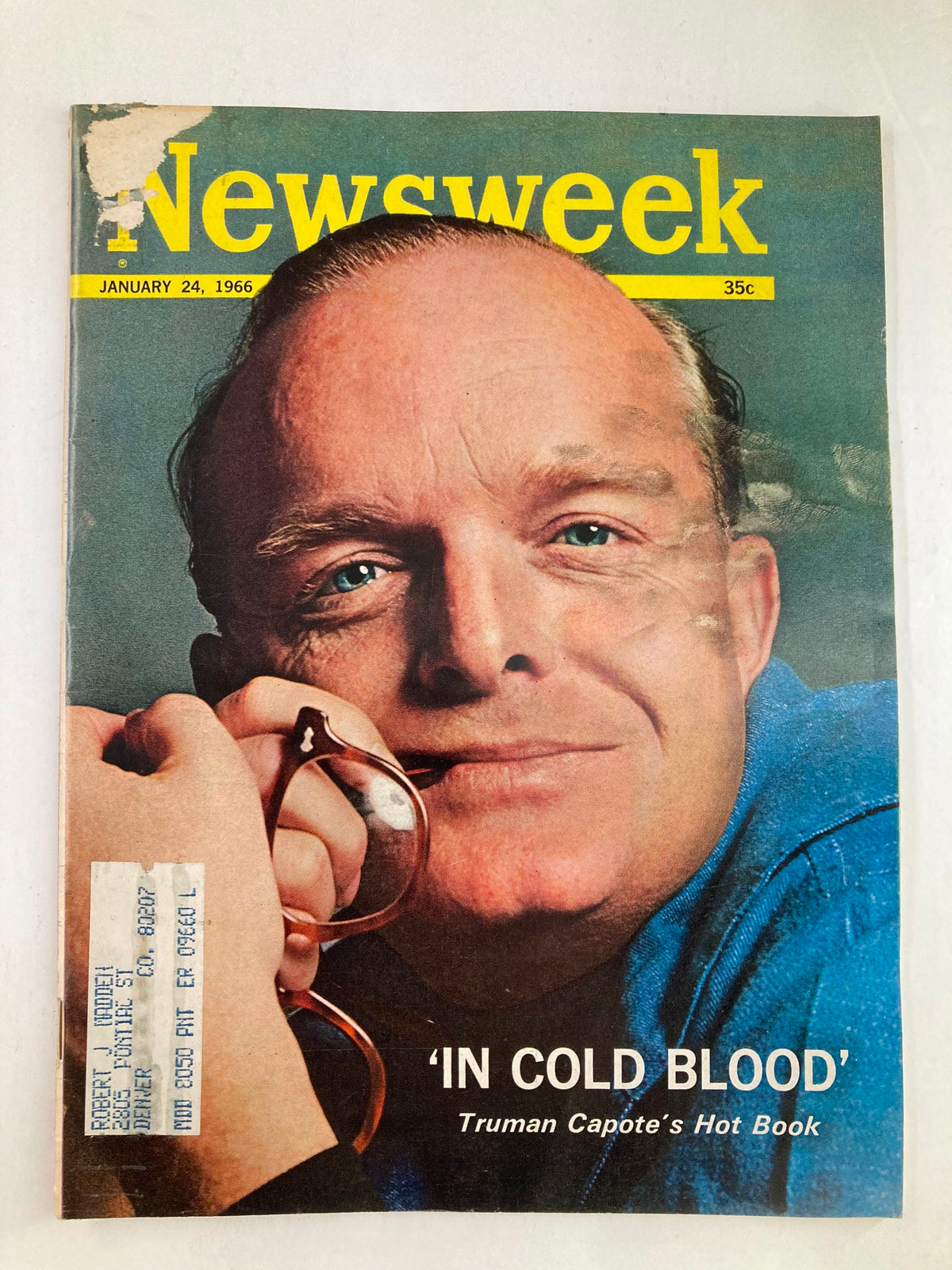 Vintage Newsweek magazine cover from January 24, 1966, featuring the title 'In Cold Blood' and an image of Truman Capote. The cover highlights Capote's groundbreaking work with editorial markings and a 35 cent price tag.